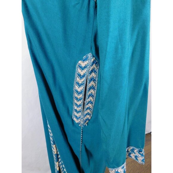 Moroccan Djellaba Robe Womens One Size Teal Hooded Embroidered Beaded Kaftan - Picture 6 of 12
